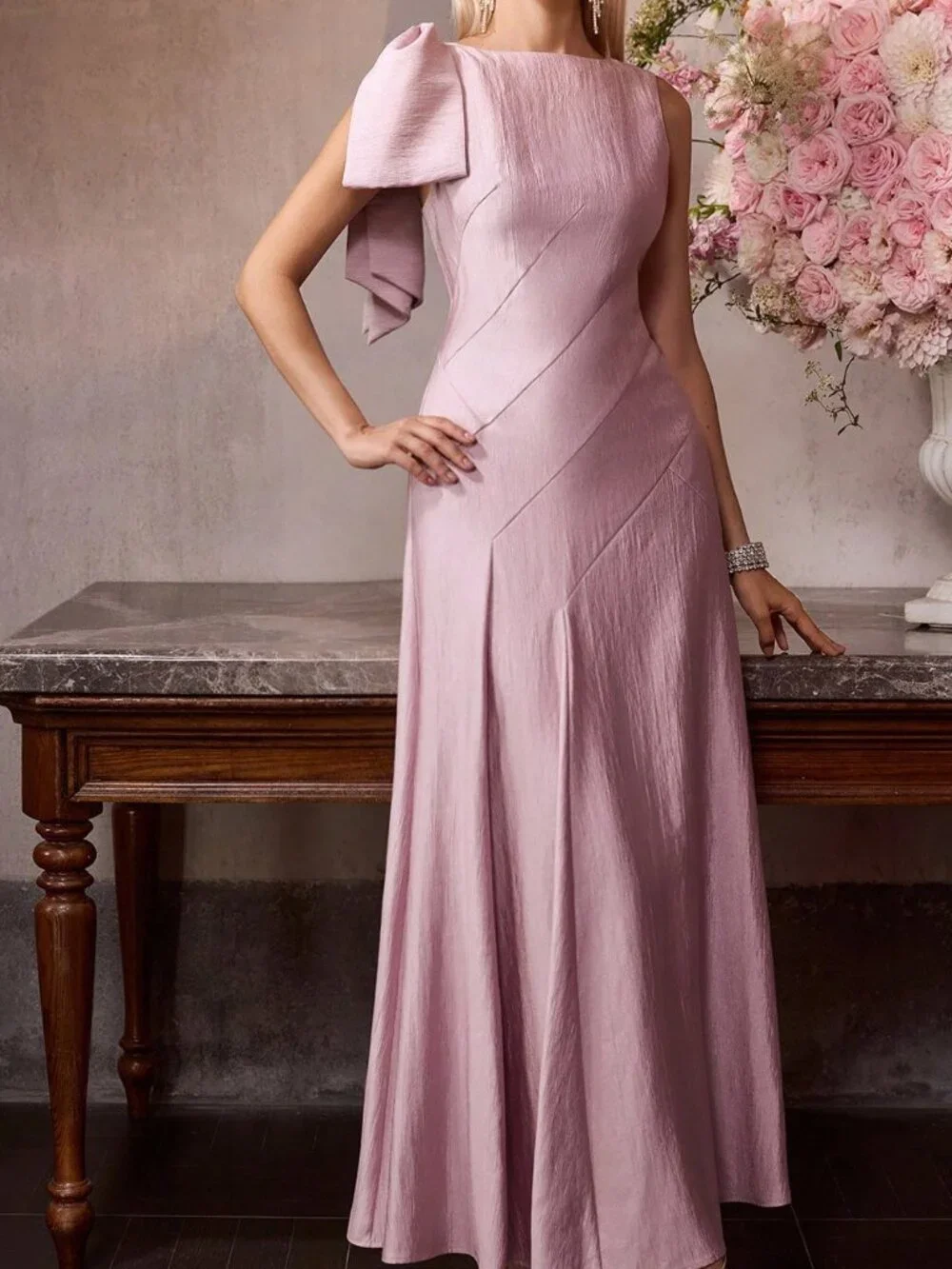 Lilac Purple Elegant Women's French Bow Tie Strap A-Line Dress